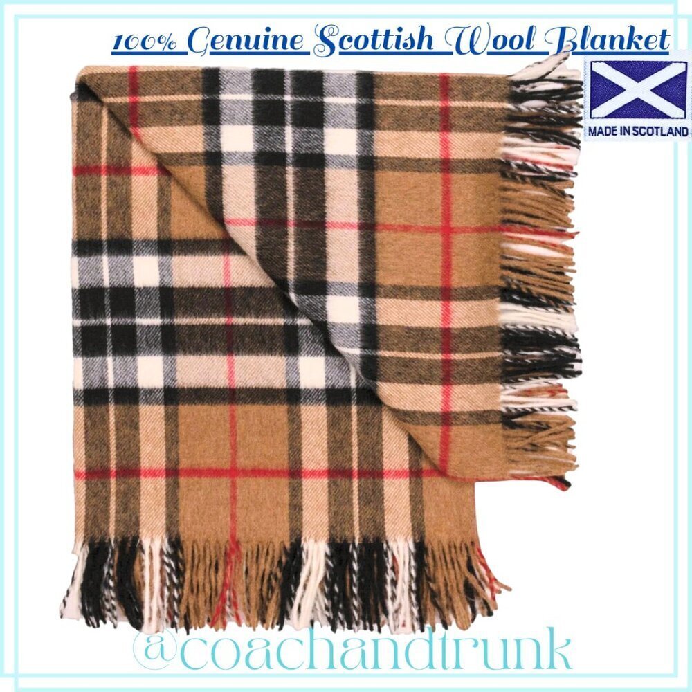 SCOTTISH IMPORTED THROW BLANKET Tan Red Black Ivory White Wool NWT